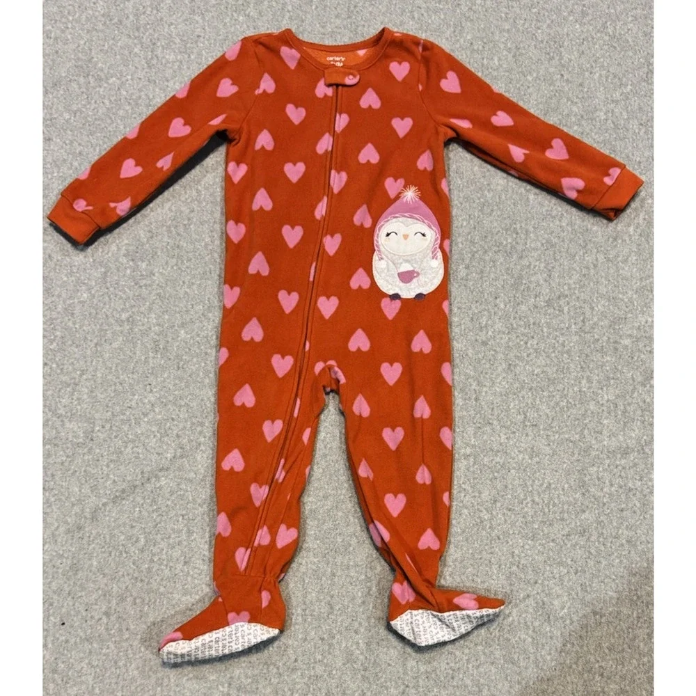 Carters Feeted Pajamas Red With Pink‎ Hearts Size 3T