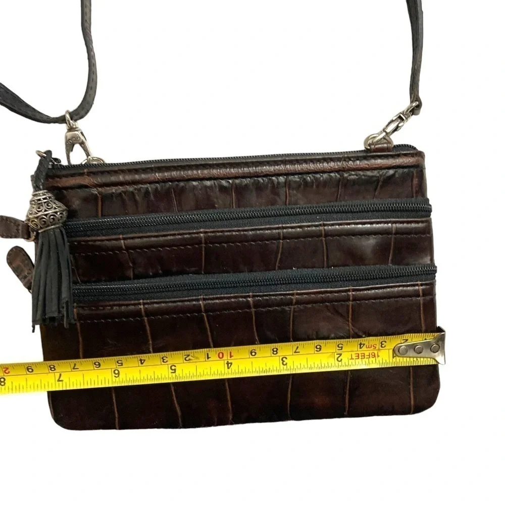 Brighton triple zipper brown embossed leather crossbody bag