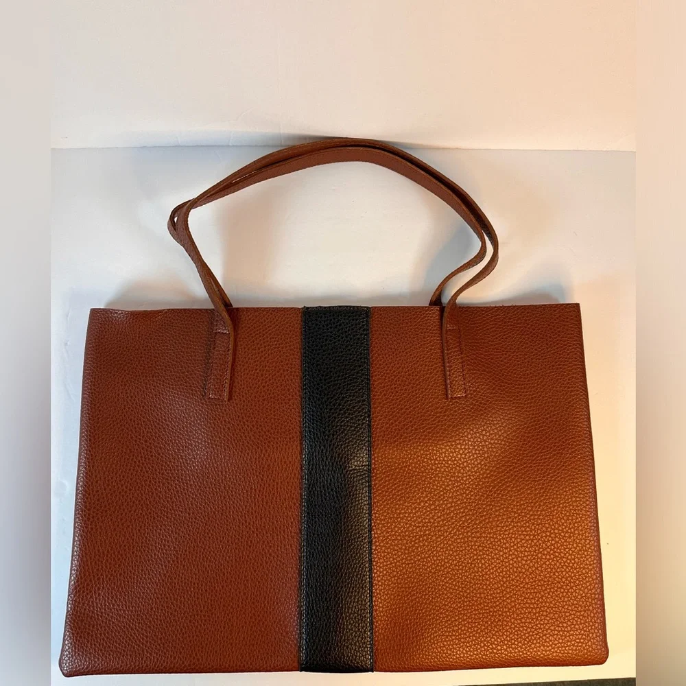 Vince Camuto Brown Black Vegan Leather Tote Laptop Shoulder‎ Bag College.