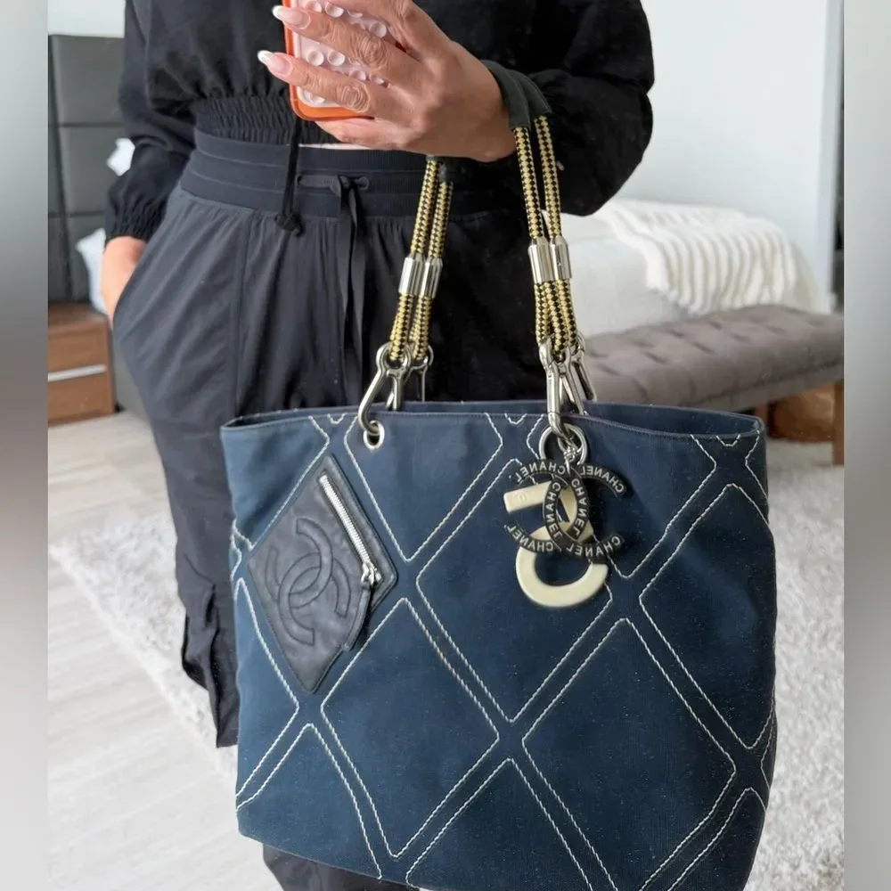 CHANEL Navy Quilted Canvas Shoulder Tote with Gold Chain Handles