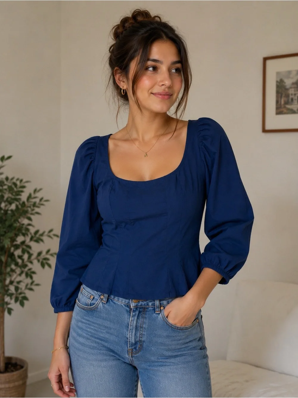Staud Blue Cotton Scoop Square Neck Puff Sleeve Blouse 4