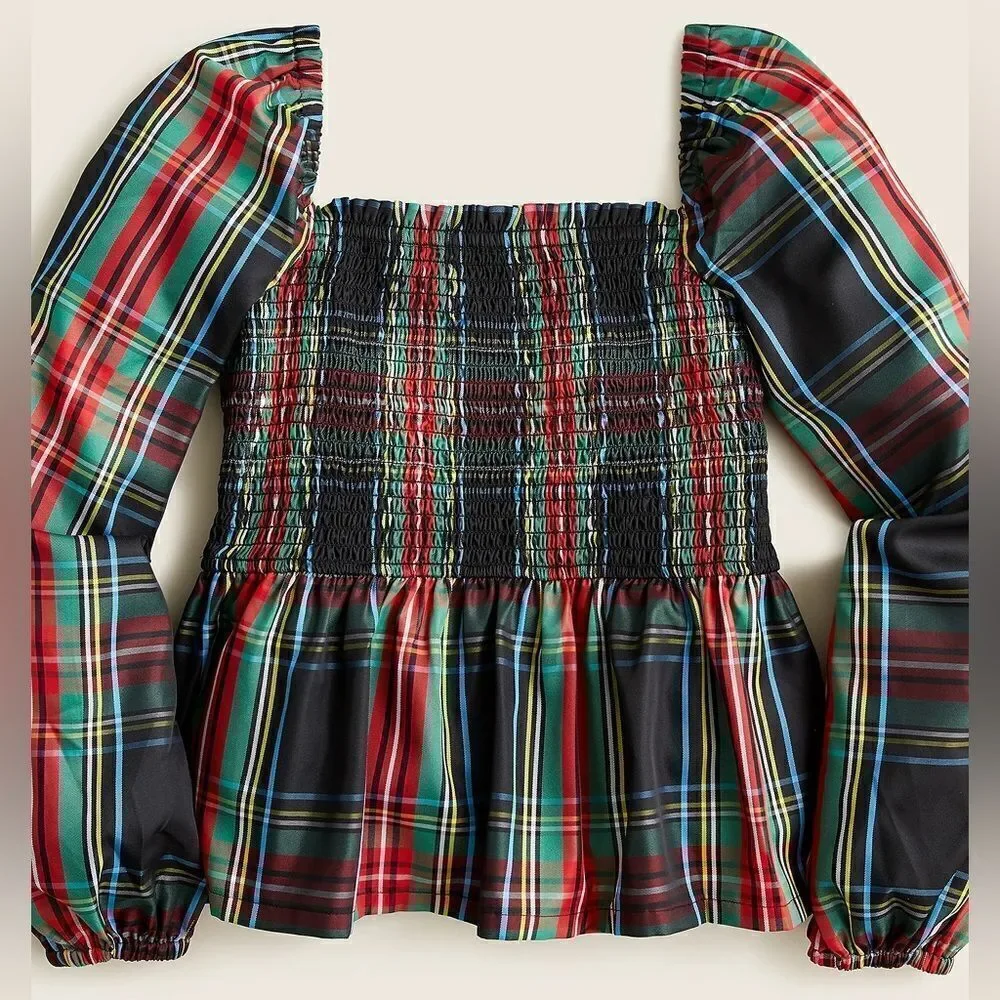J Crew Puff-sleeve Smocked Top in Stewart Tartan NWT