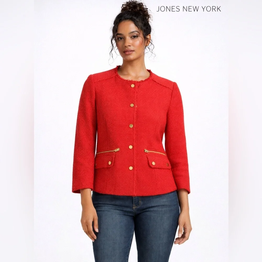 Jones New York Collection Red Tweed Jacket Gold Button Stretch Blazer Size 8