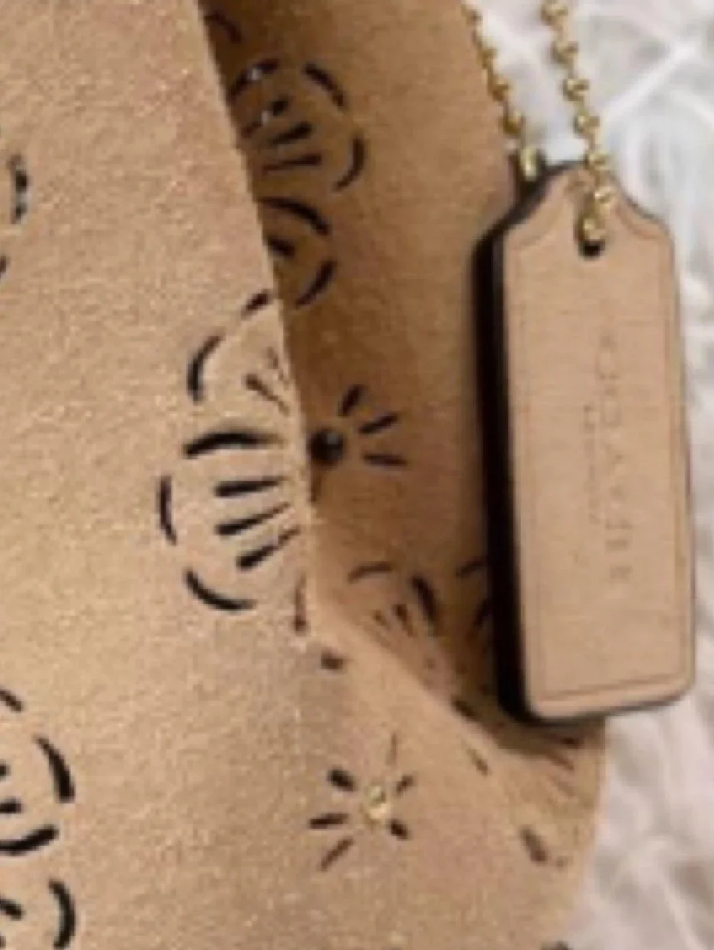 Coach Floral Laser Cut Drawstring Bucket Bag Crossbody Tan Suede Leather