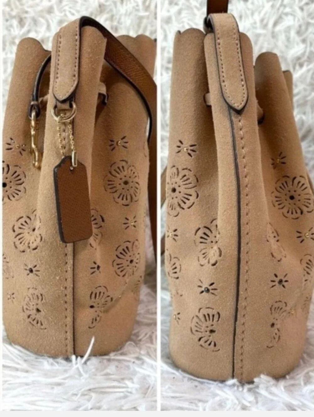 Coach Floral Laser Cut Drawstring Bucket Bag Crossbody Tan Suede Leather