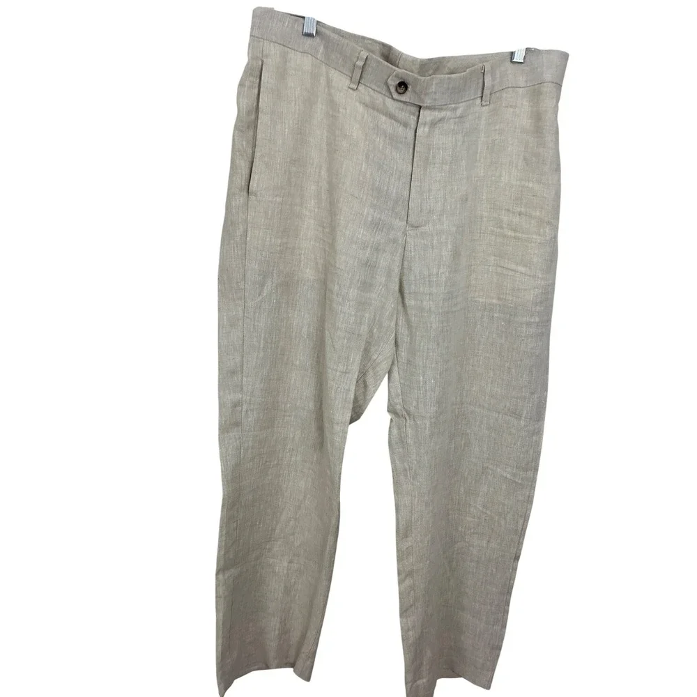 Modelcloth Linen Pants Mens XL Beige Pure Linen Flat Front Coastal Summer Casual