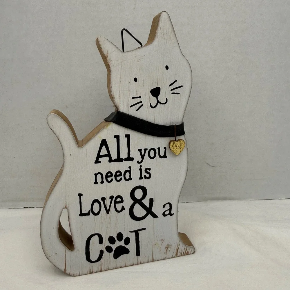 Rustic Wooden Cat Shelf Sitter Wall Plaque All You Need Is Love and a Cat White