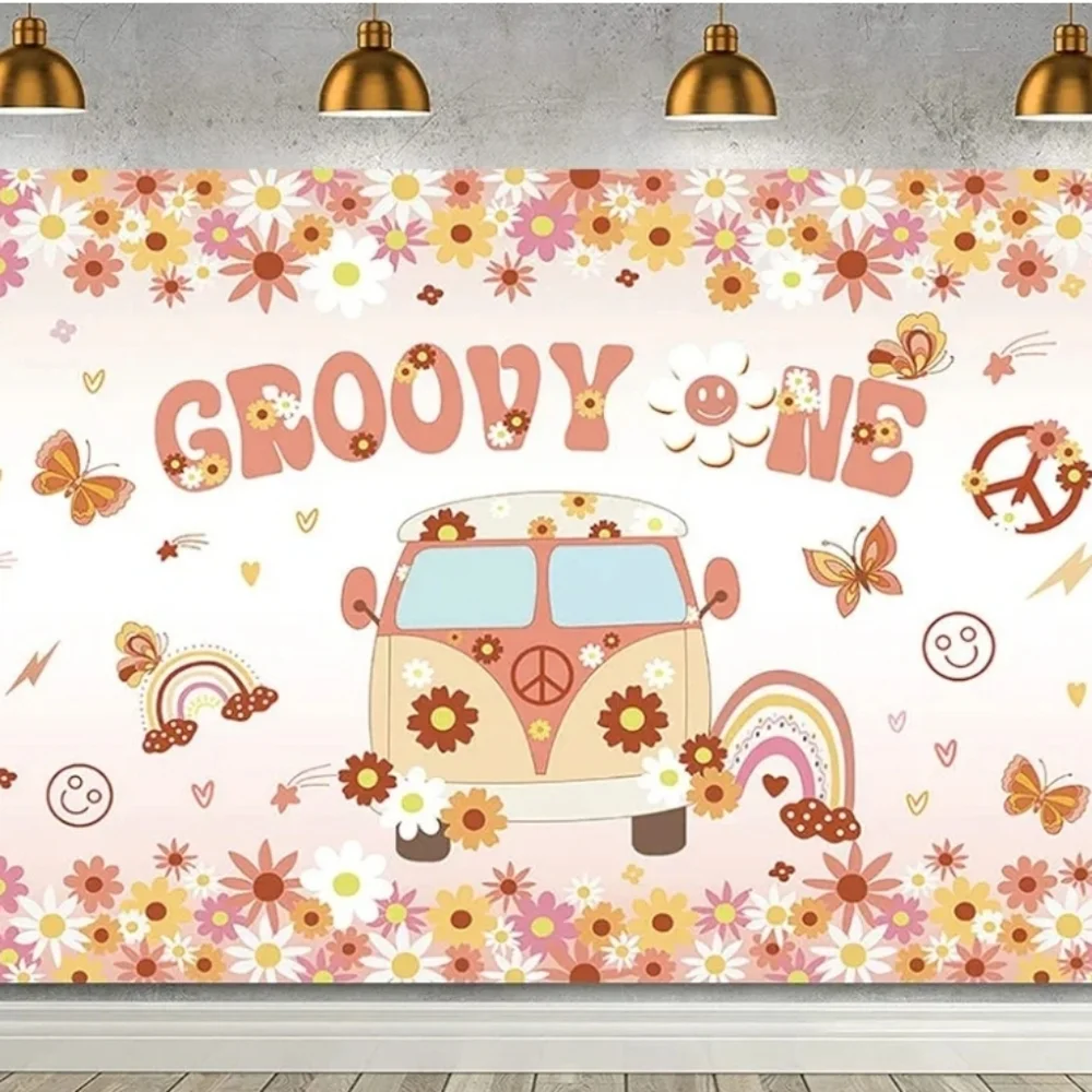 Brand new! Groovy Retro Van party Floral Backdrop banner photo prop decoration