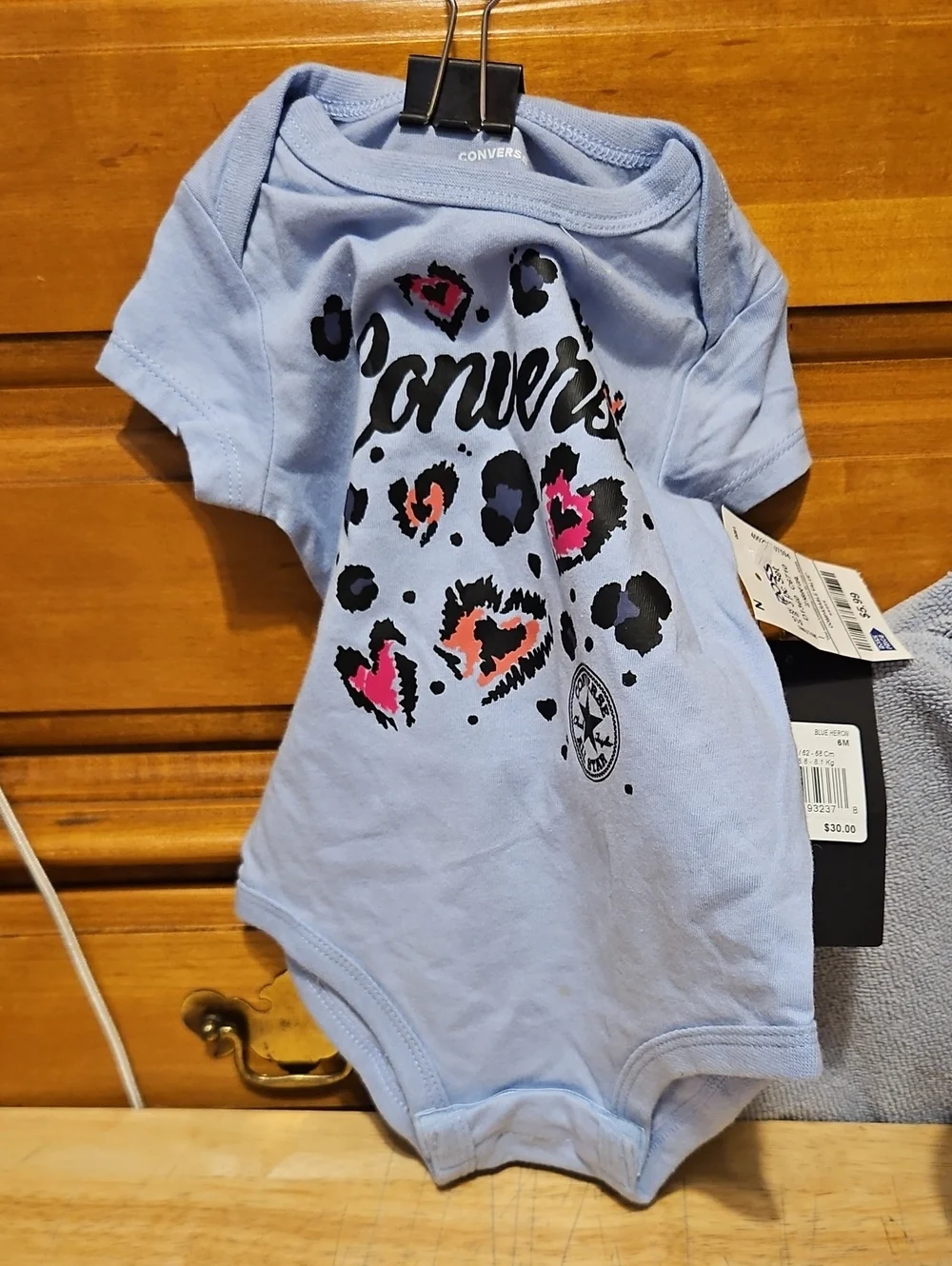 Converse Light Blue Baby One-Piece with Leopard Heart Graphic Size 6M