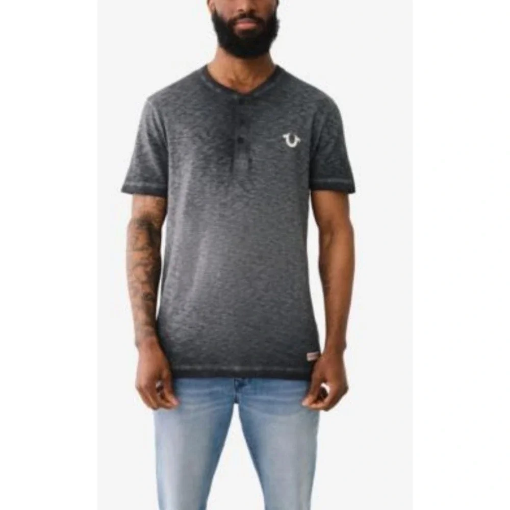 Mens True Religion Dyed Embro Henley Short Sleeve Shirt‎