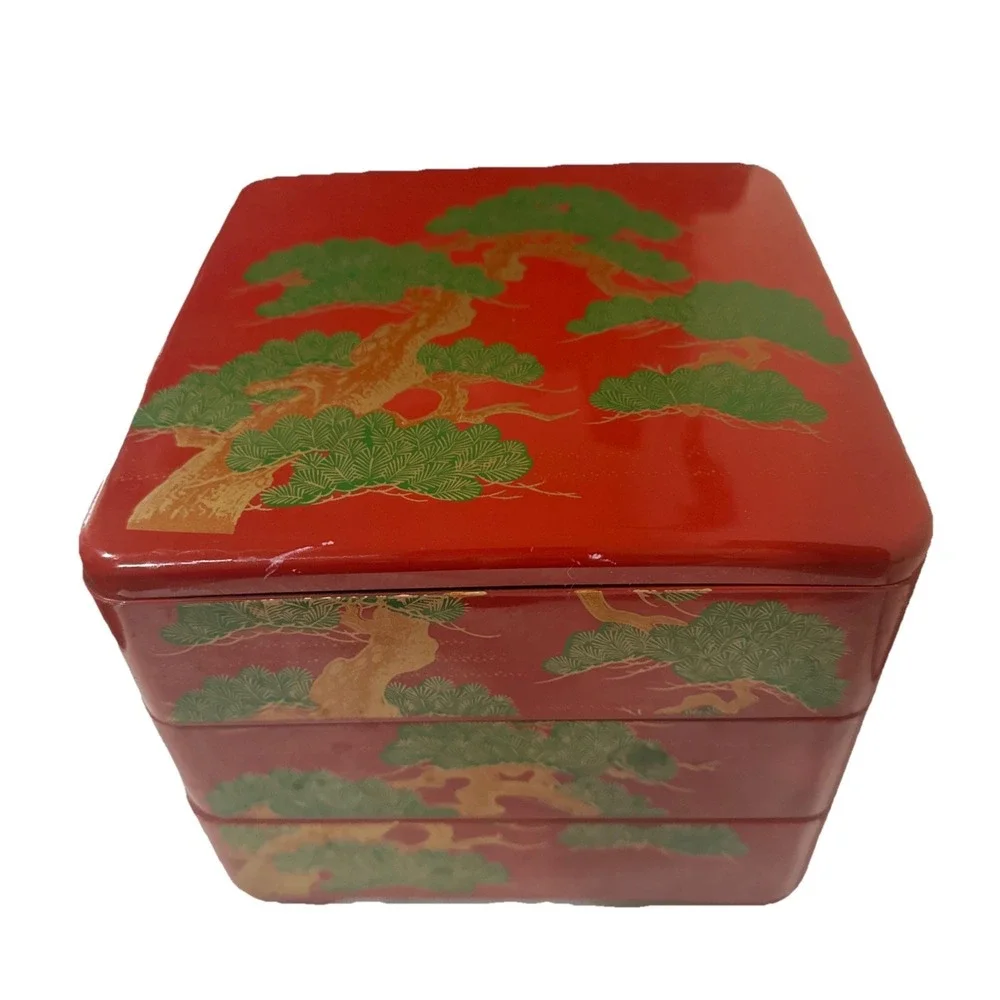 Vintage Japanese Lacquer Jubako Bento‎ Box 3 Tier Red Floral Stacking Box 7