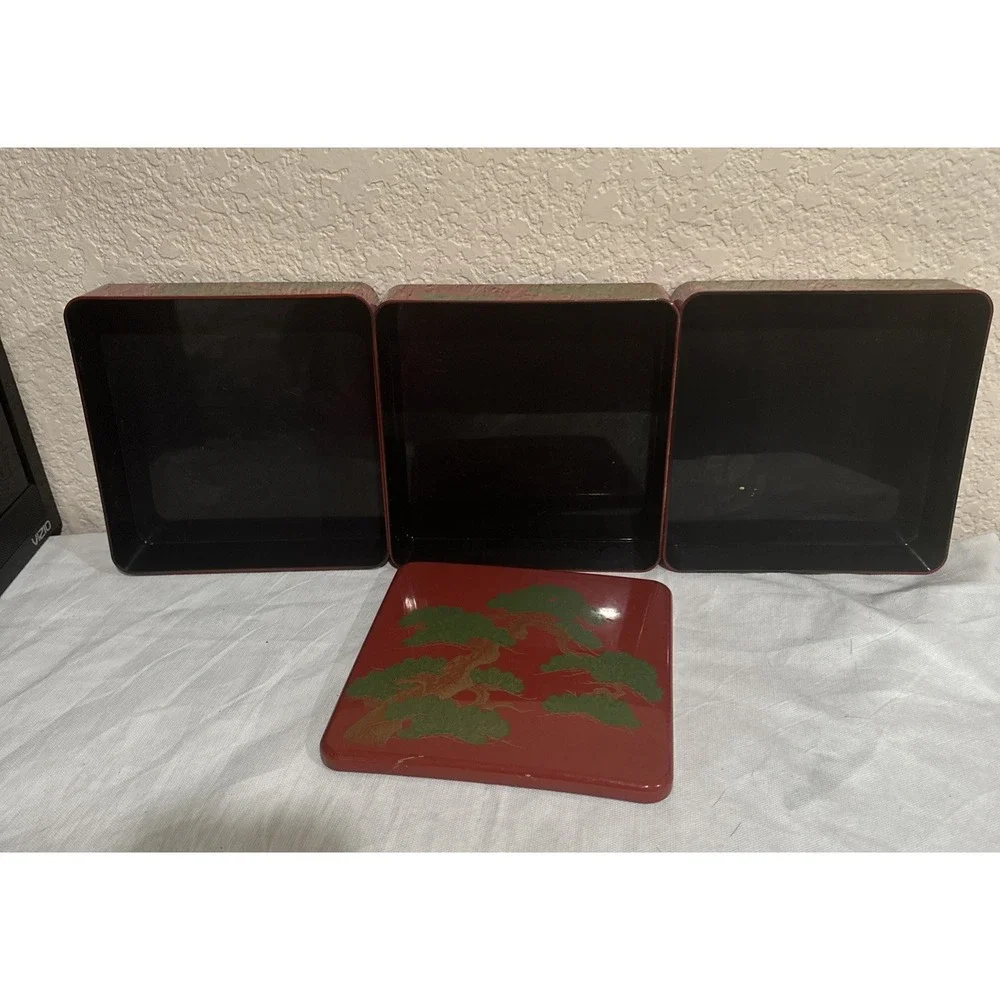 Vintage Japanese Lacquer Jubako Bento‎ Box 3 Tier Red Floral Stacking Box 7