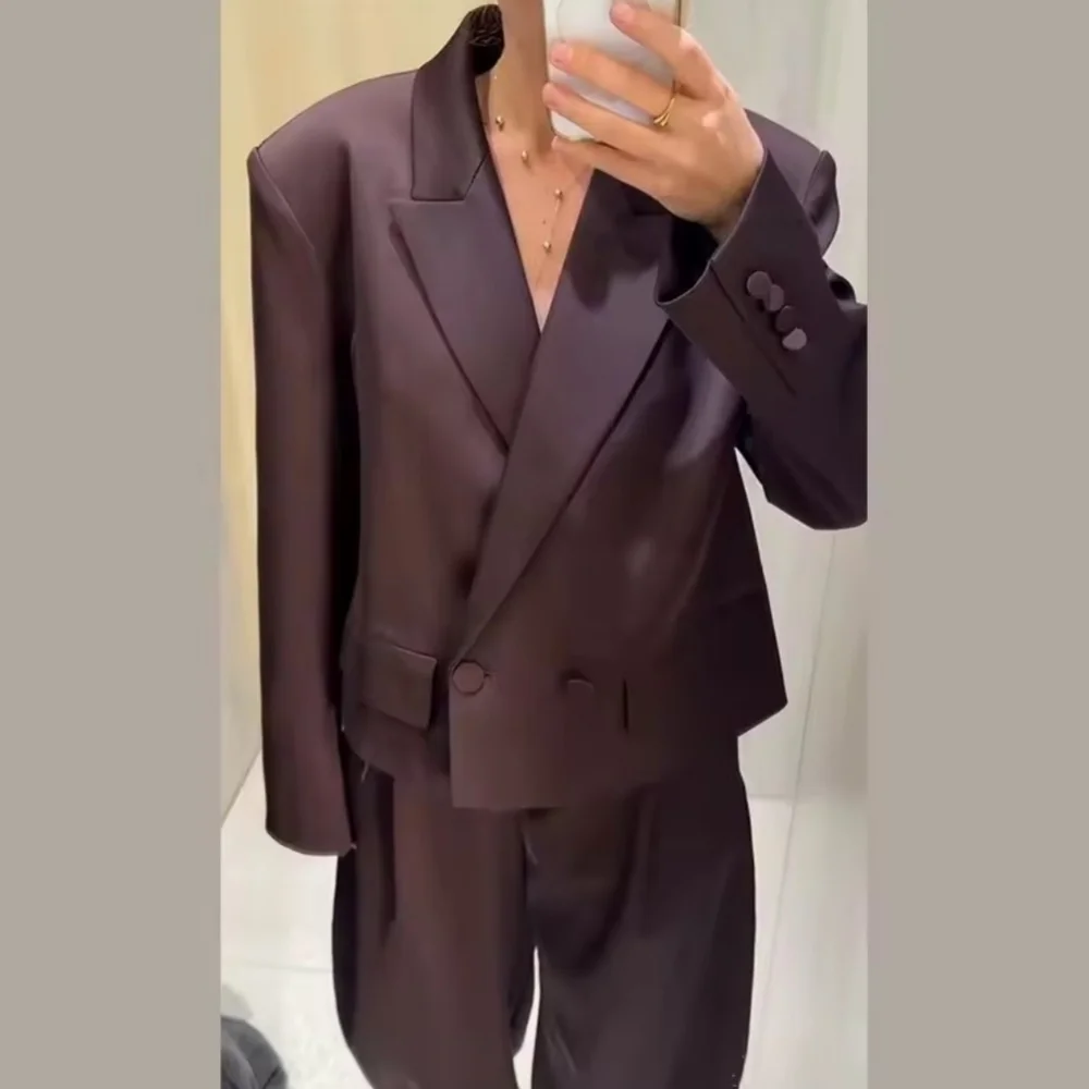 Zara Satin Double Breasted Cropped Blazer Jacket Brown Size XL