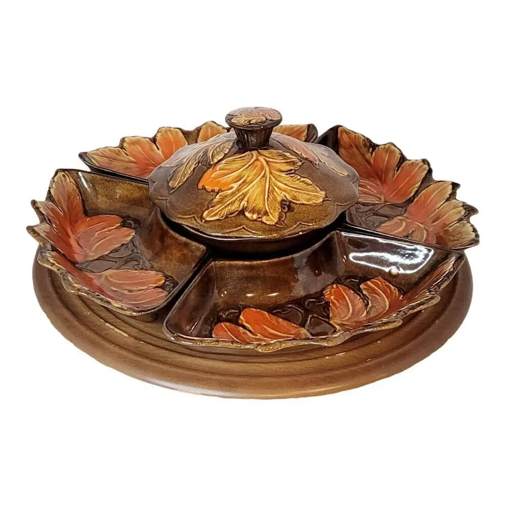 7 Pc Vintage Lazy Susan Fall Themed Red Yellow Leaves Pottery Serving Set‎ USA