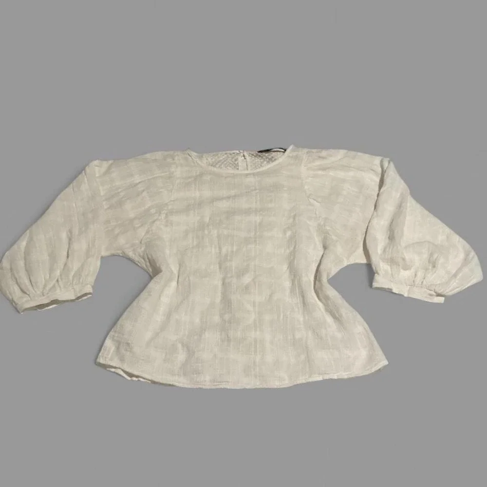 ZARA‎ BASIC White Textured Lace Back Puff Sleeve Boho Blouse Top M
