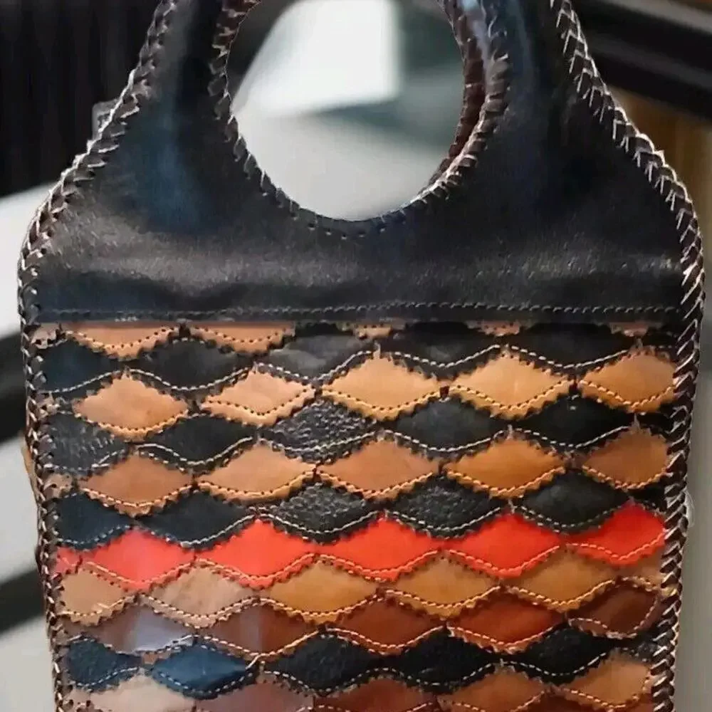 Chui African Vintage Leather Handbag. Patchwork Stitch 70s Purse. One Of A‎ Kind