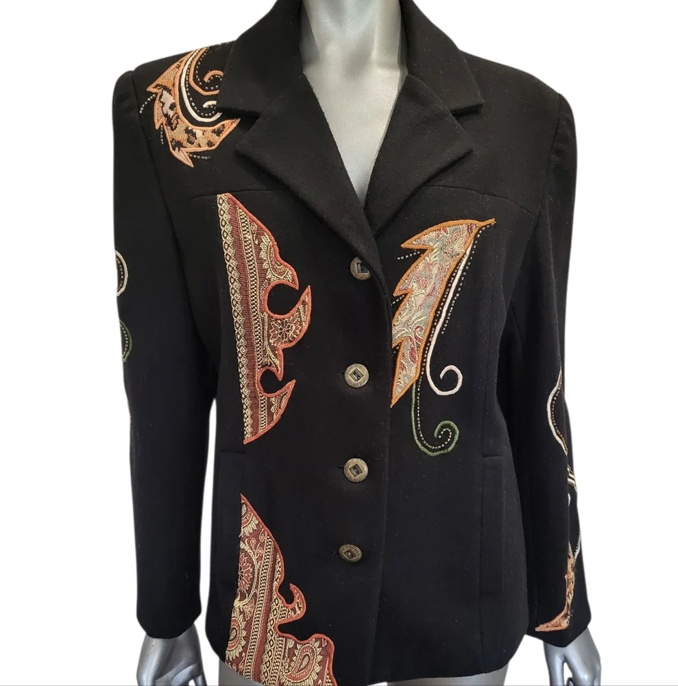 137B. Vtg. Alex Kim Embroidered Black Wool Blend Jacket/Coat - Size Large