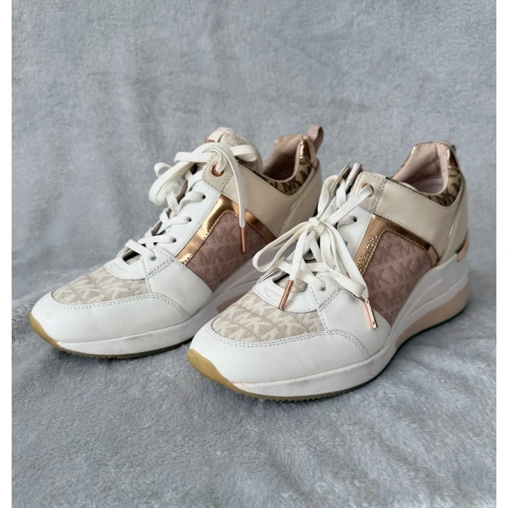 Michael Kors Rose Gold Georgie Trainer Sneakers Heels SZ 9 Leather Canvas Pink