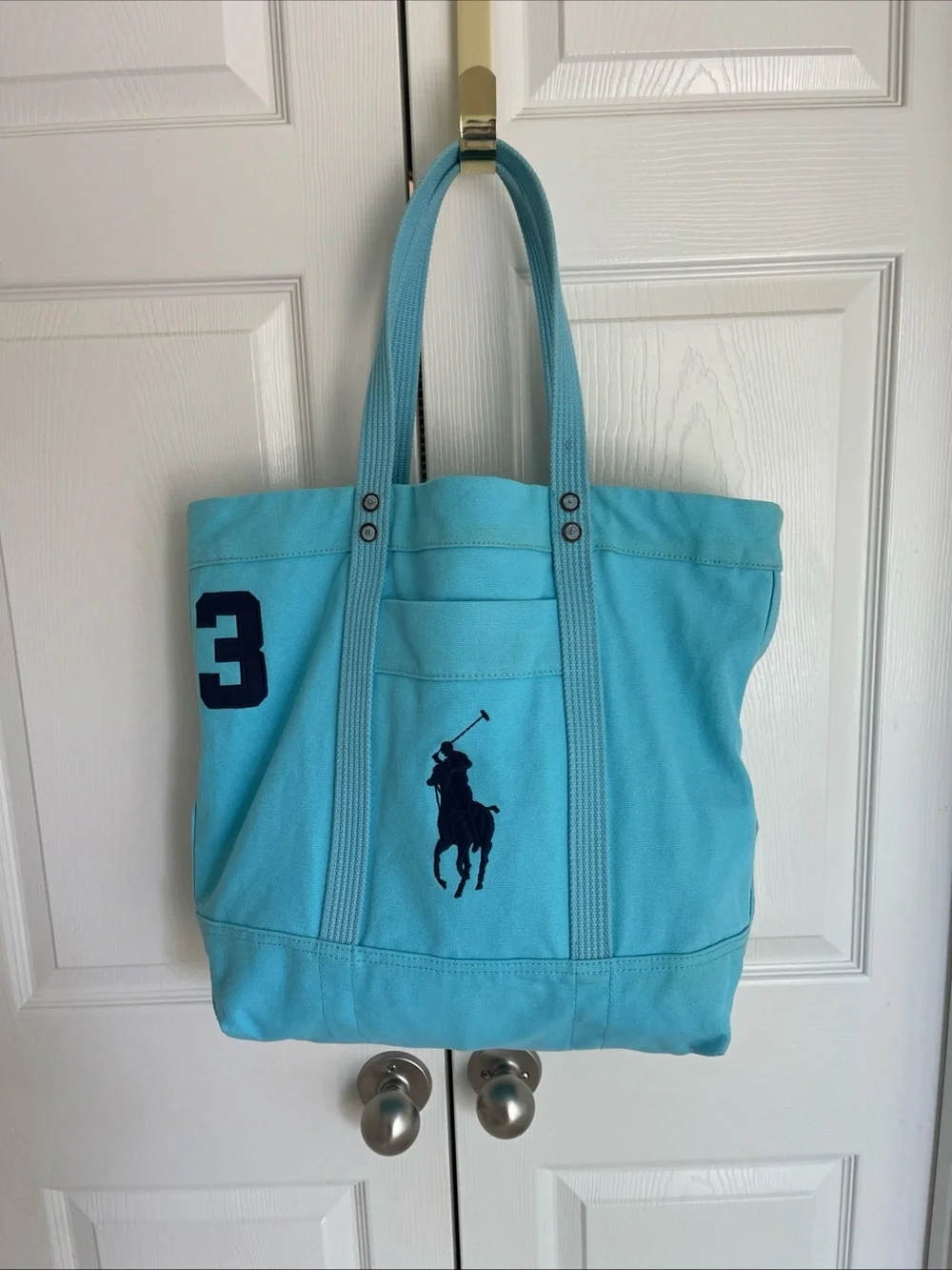 Polo Ralph Lauren  Light Blue Big Pony Zip Cotton Canvas Tote Bag RARE