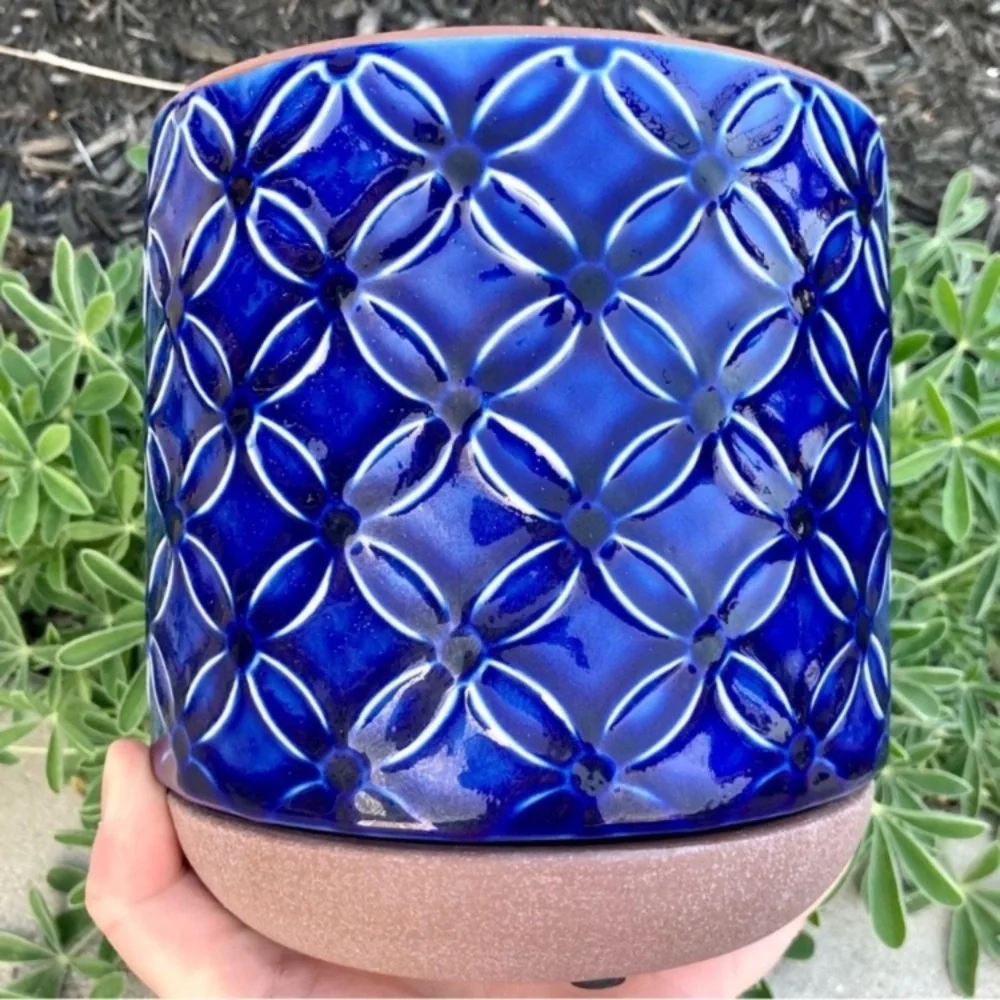 6 Inch Blue Planter Ceramic Pot Cobalt Embossed Floral Pattern Inline Saucer NWT