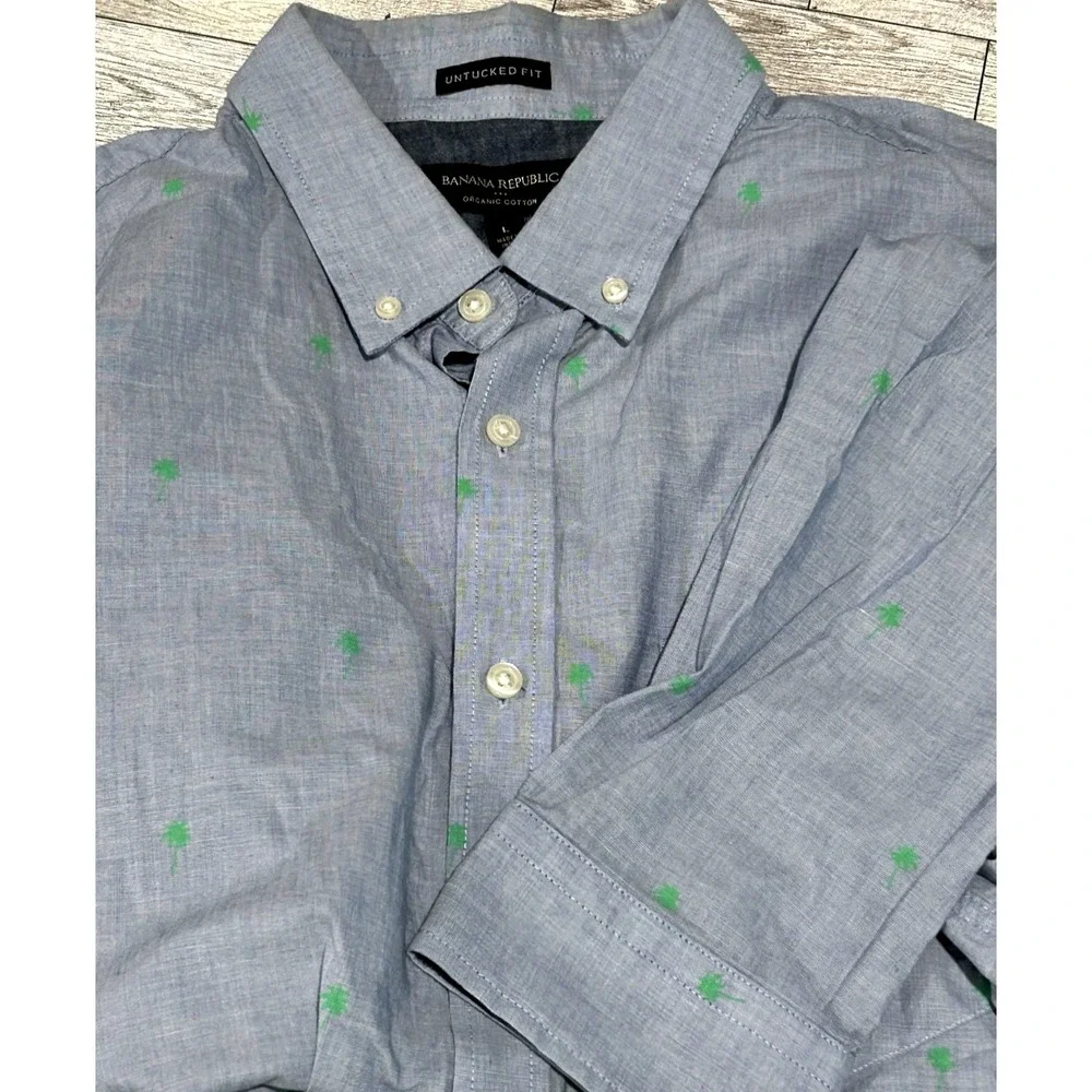 Banana Republic Blue AOP Palm trees Slim Untuck LongSleeve shirt Geometric LARGE