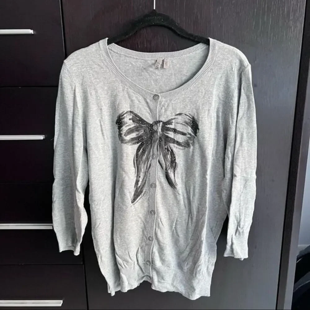 Caslon bow tie printed cardigan sweater 3/4 sleeve