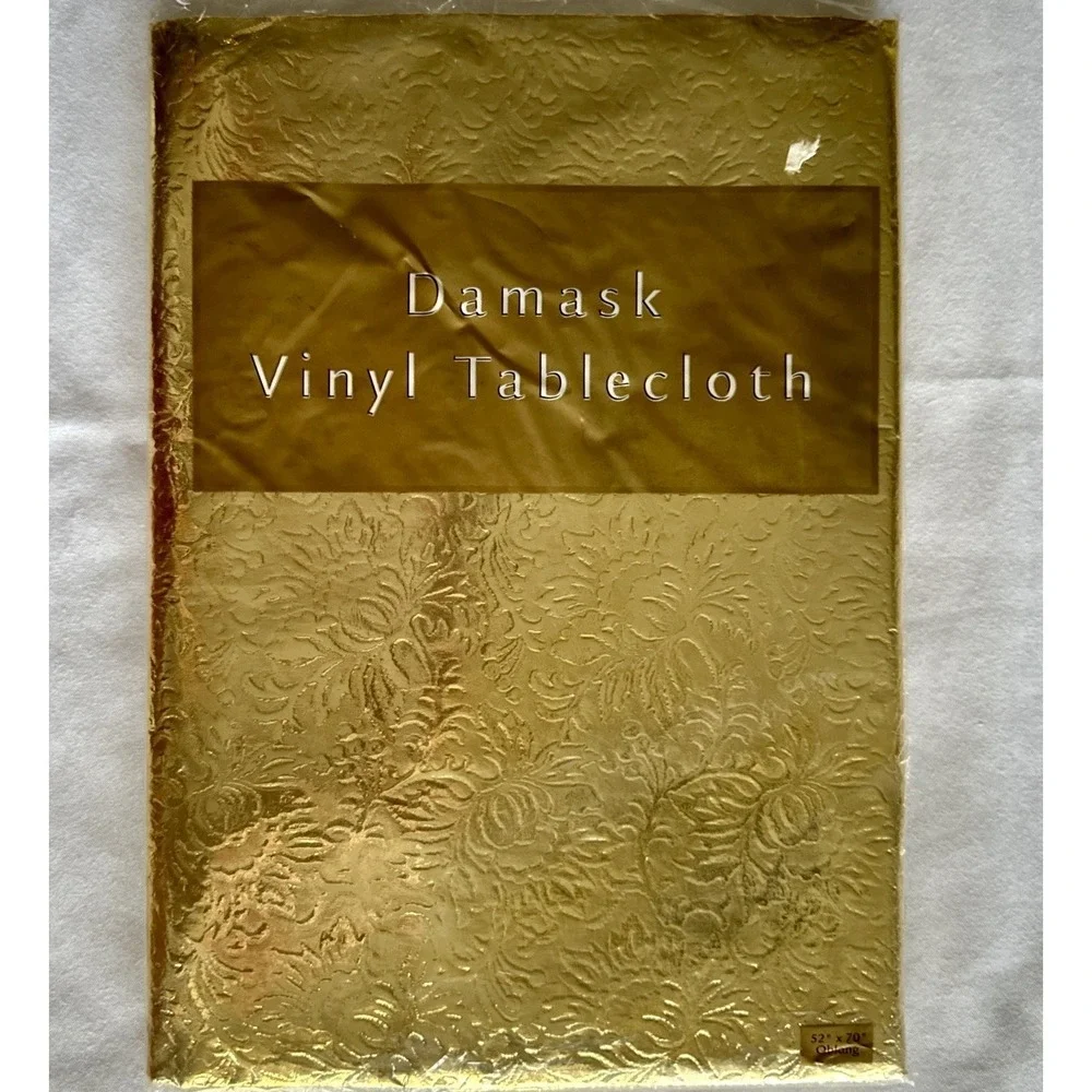 Vtg Gold Vinyl Tablecloth 52x70 Oblong Flannel Back Damask‎ Dayton Hudson New