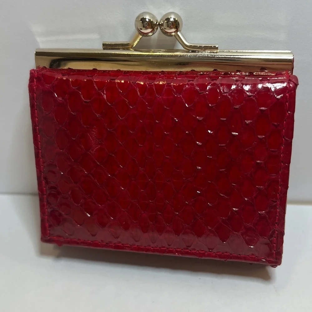 Marshall Field’s Red Snakeskin Mini 3” x 2.5” Kisslock Trifold Wallet - Unused