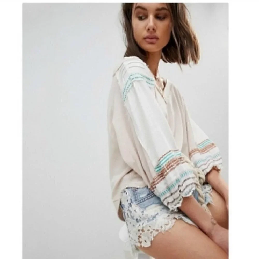 Free People Bubble Tee Embroidered Thermal Top