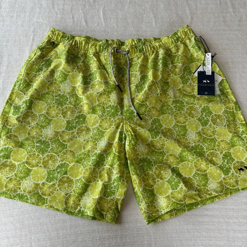 Fish Hippie Co Mens XXL Lime Citrus Print Volley Swim Trunks 8 Inch