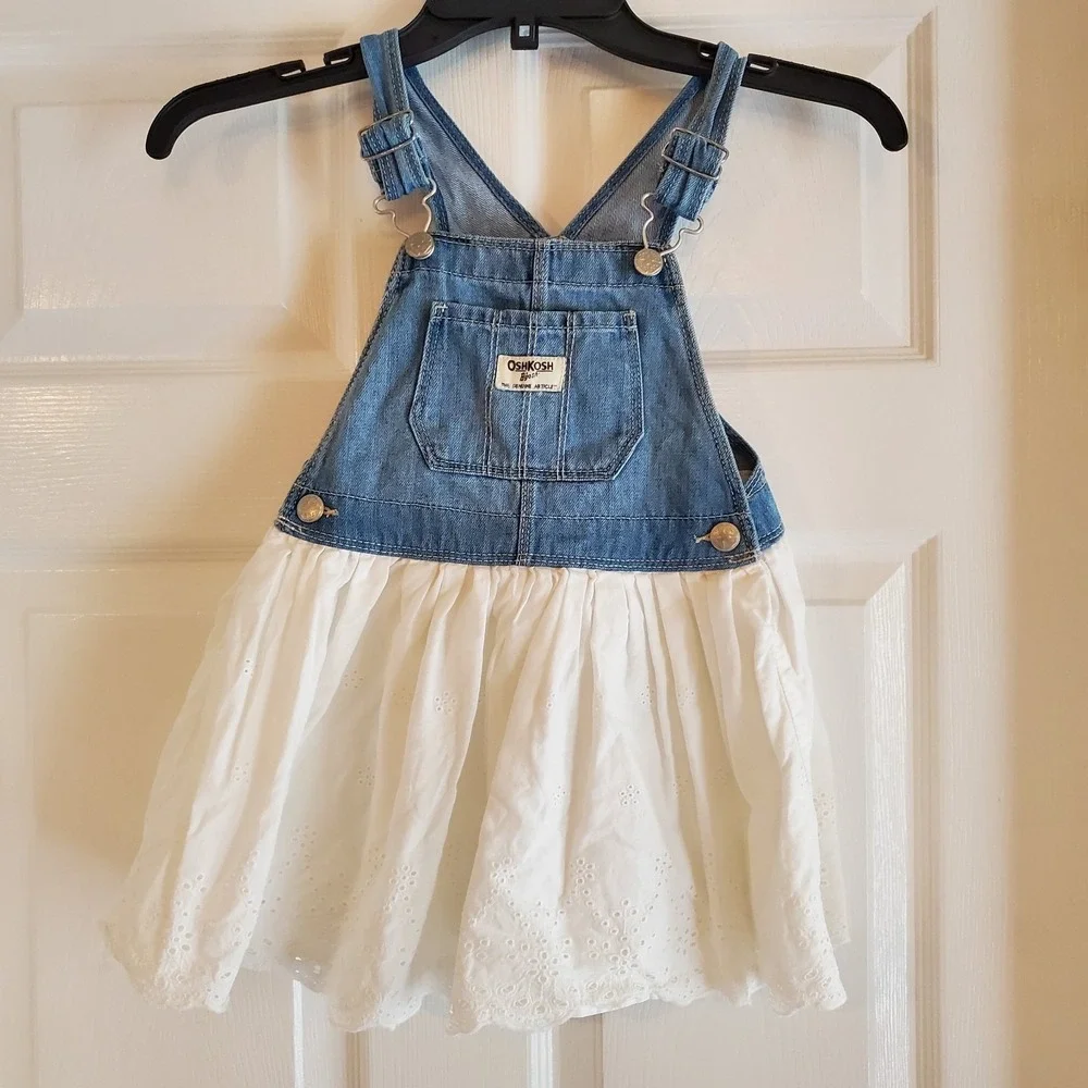 OshKosh Bgosh Baby Girls Denim and White‎ Eyelet Lace Overall Dress 4t