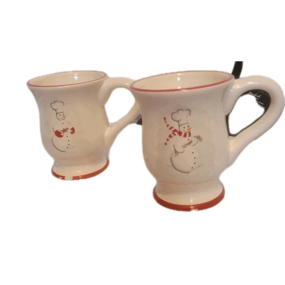 Williams‎ Sonoma Discontinued Snowmen Chef Mug Set of 2 Red Apron Coffee Cups