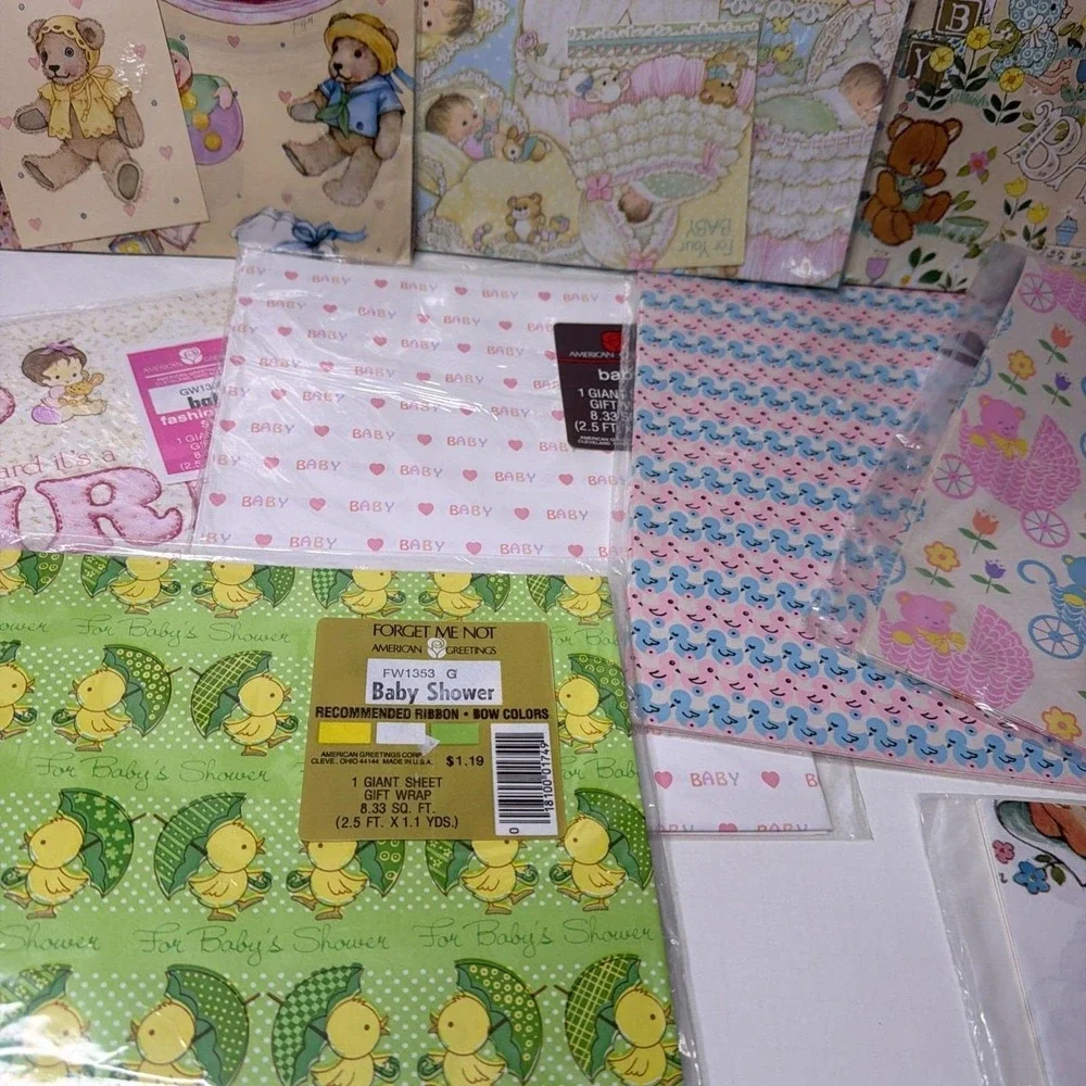 Vintage Baby Wrapping Paper lot incl Hallmark/American Greetings/Sangaman/Buzza+