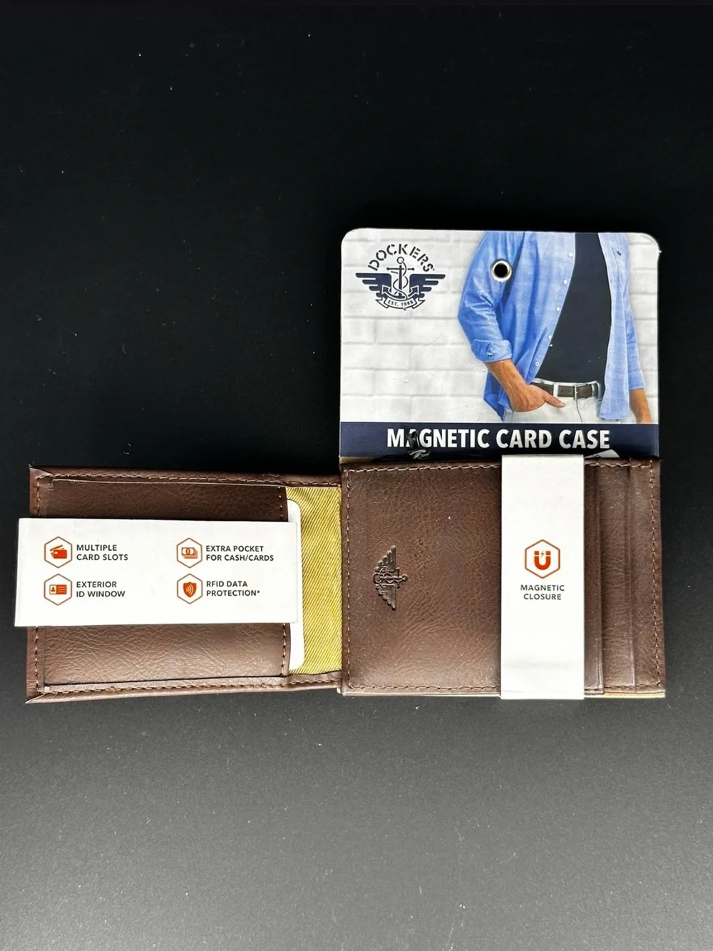 Dockers Brown Leather Magnetic Card Case Wallet
