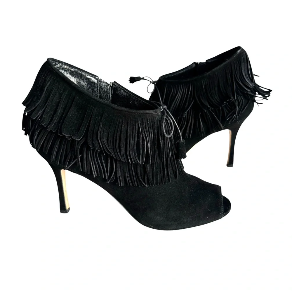 Manolo Blahnik Open Toe Heels Booties Black Suede Fringe