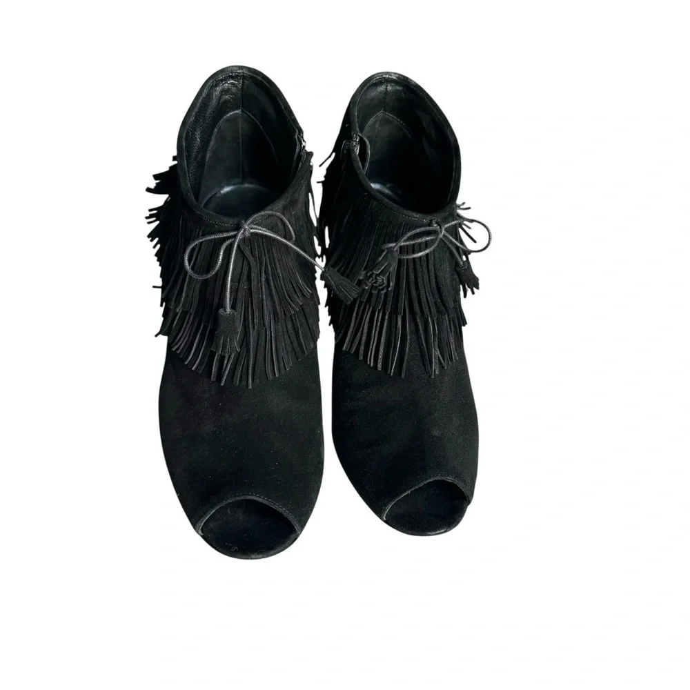 Manolo Blahnik Open Toe Heels Booties Black Suede Fringe
