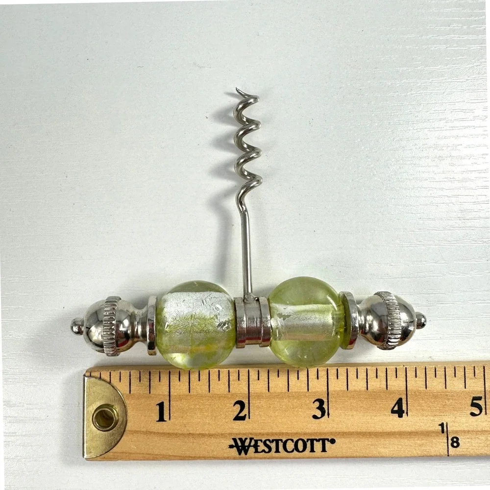 Murano Style Glass Corkscrew Chartreuse Green Silver Foil T-Handle Barware