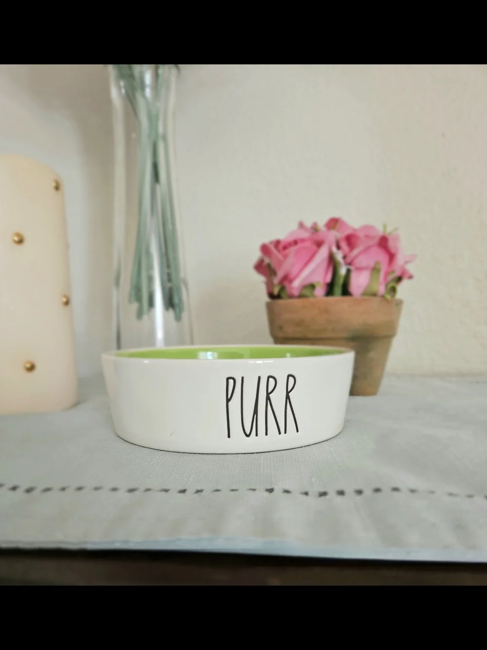 Rae Dunn White Ceramic Cat Bowl with Green Interior - PUURR