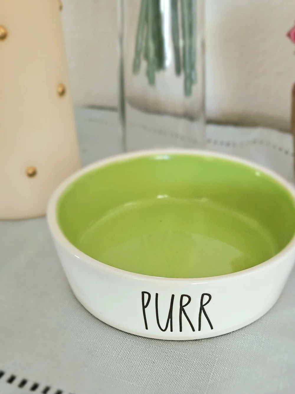 Rae Dunn White Ceramic Cat Bowl with Green Interior - PUURR