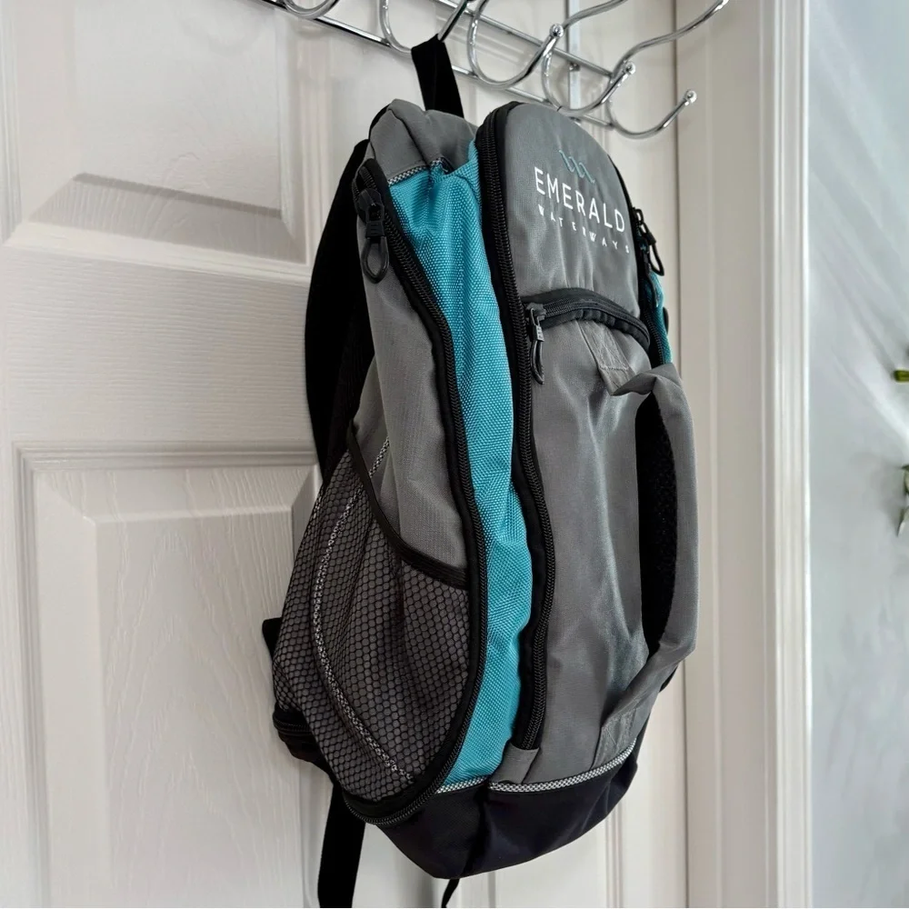 Emerald Waterways Daypack, Backpack Travel Bag -Gray Blue Black Side Pockets EUC