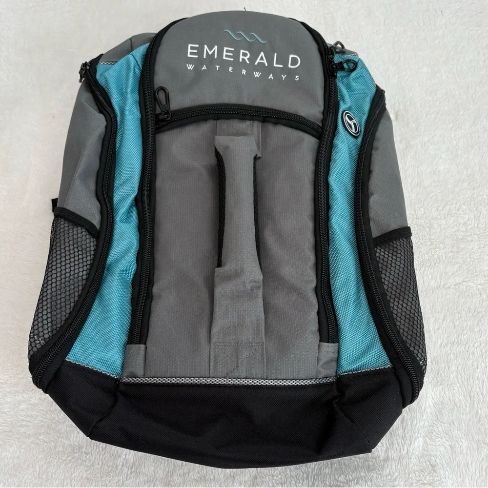 Emerald Waterways Daypack, Backpack Travel Bag -Gray Blue Black Side Pockets EUC