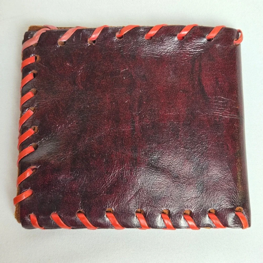 Handmade Bifold Leather Wallet Burgundy Red Contrast Stitching‎ Rustic Primitive