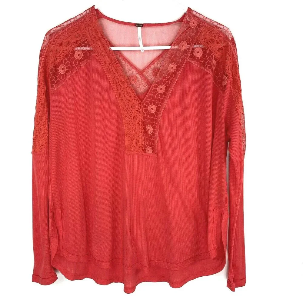 Free People Top Size XS Lola Tee Embroidered Mesh Lace V Neck‎ $78