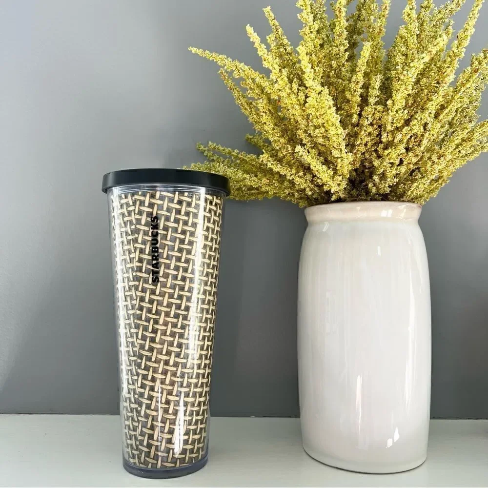 Starbucks Tumbler Cup Venti Cold Drink Burlap Woven Basket Weave Acrylic Cup NWT