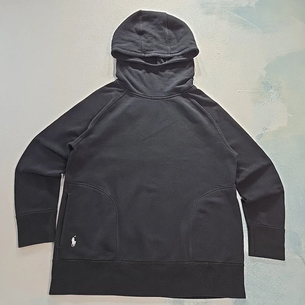 Polo Ralph Lauren‎ Hoodie Men Small Black Funnel Neck Raglan Pullover Sweatshirt