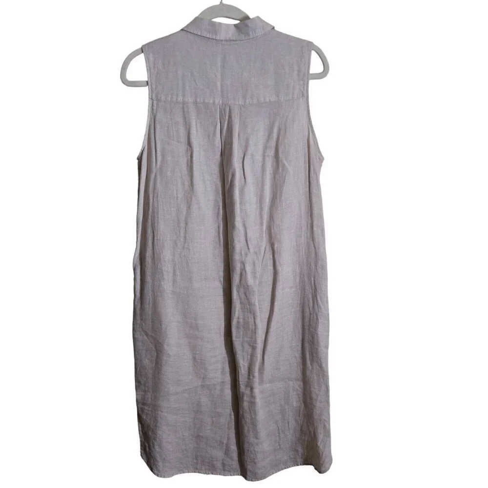 Adrienne Vittadini 100% Linen Beige Sleeveless Midi Shirt Dress Size M