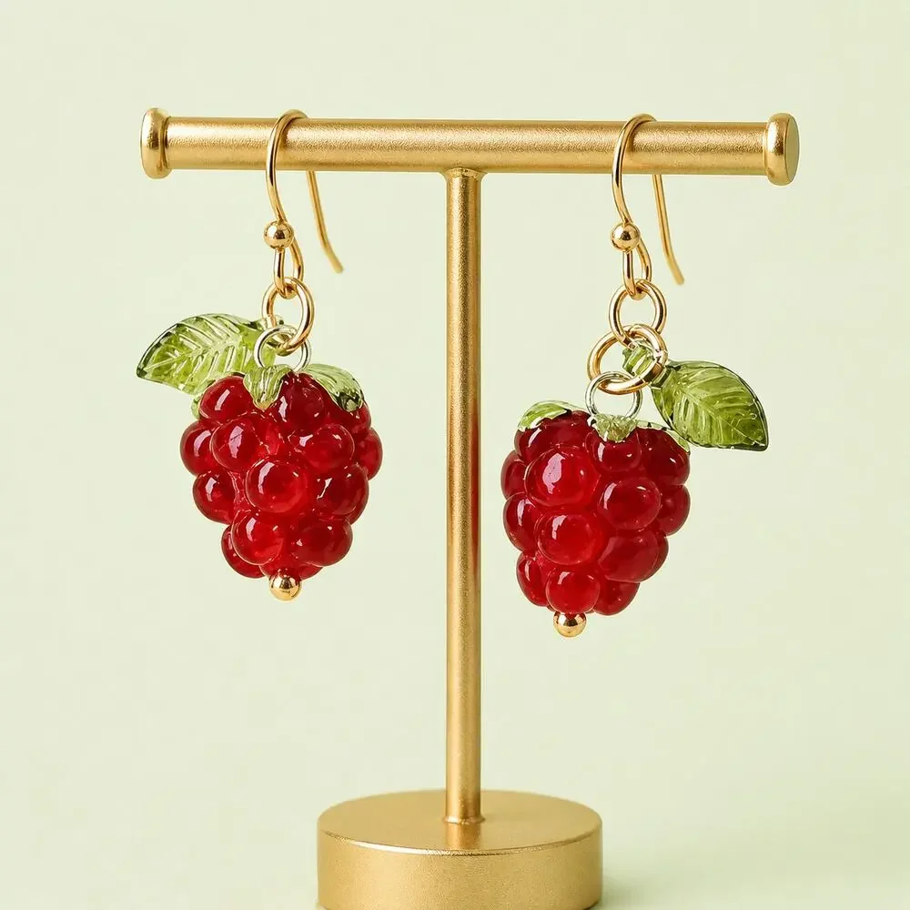 Red Raspberry Dangle Earrings Lightweight Acrylic Summer Fruit Berry