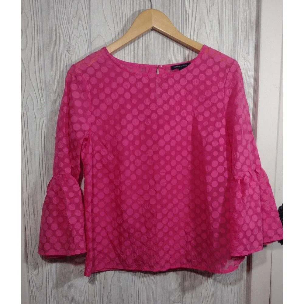 Tommy Hilfiger Blouse Women's Pink Top Small Petite Sheer Polka Dot Bell Sleeve