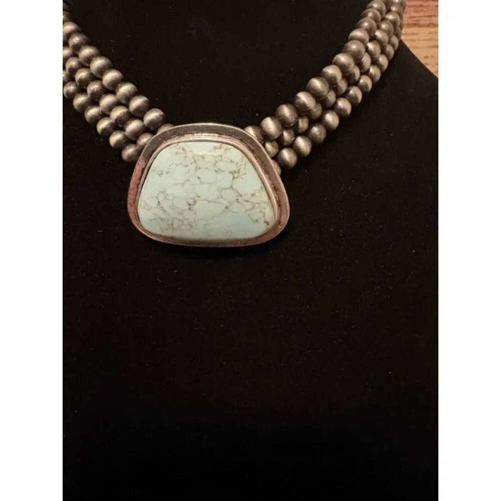 Western Turquoise Pearl Choker Necklace Silver Bead Cowgirl NWT