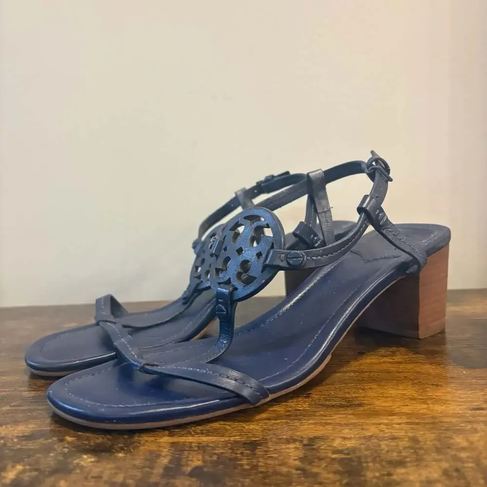 Tory Burch Miller Navy Leather Block Heel Sandals Size 10M